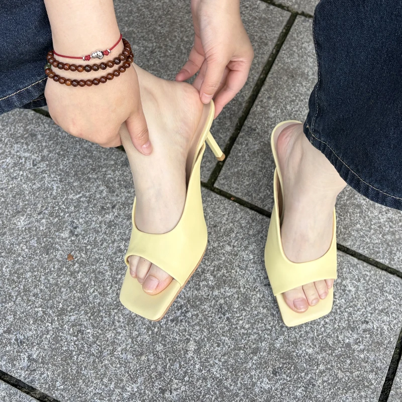 Women's Leather Square-Toe Peep-Toe High Heel Sandals