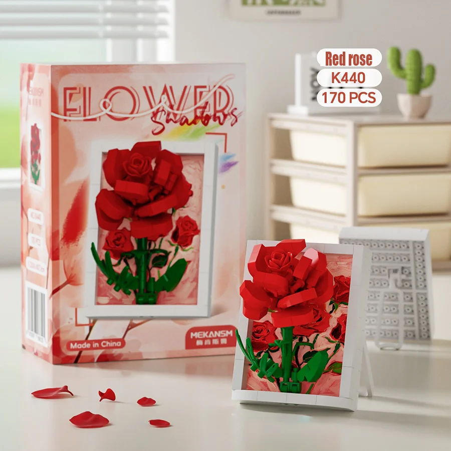 Klocki konstrukcyjne ramka na zdjęcia kwiaty. Czerwona róża, goździk, tulipan. Ramka na zdjęcia klocki konstrukcyjne kwiat dekoracja na biurko