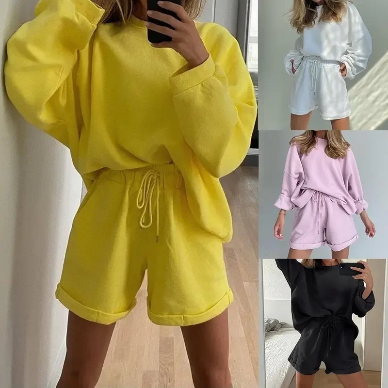 Women Autumn Winter Streetwear Tracksuits New Two-piece Suits Loose Sweatshirt and Soild Sports Shorts Sets 2 Piece Solid Suits