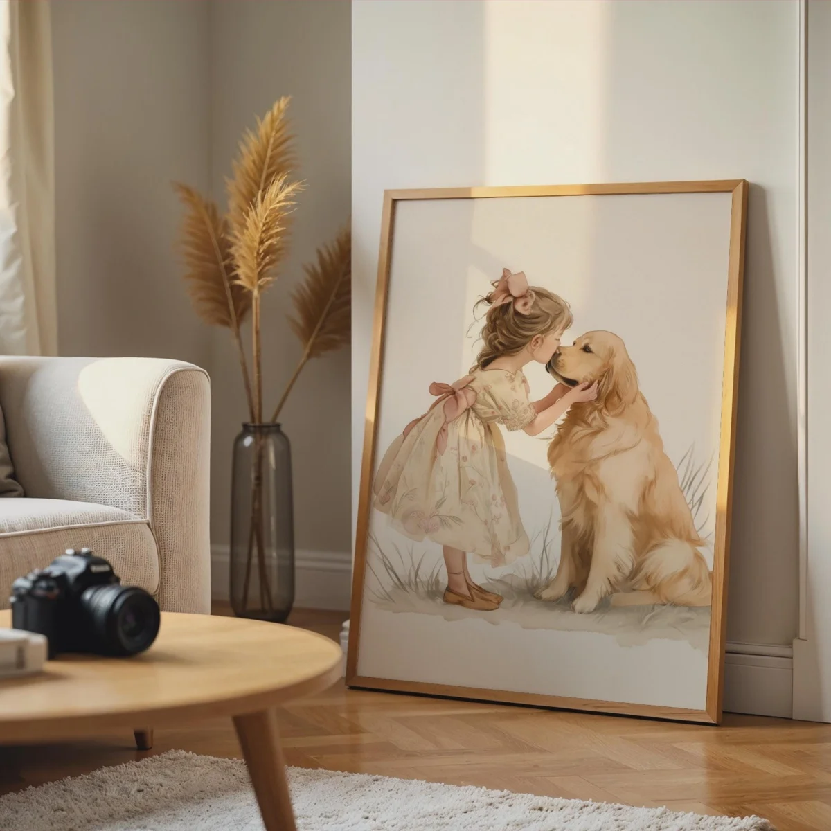 Vintage Girl and Golden Retriever Canvas Prints Poster Modern Cozy Animal Prints Living Room Nursery Wall Art Home Decor Poster