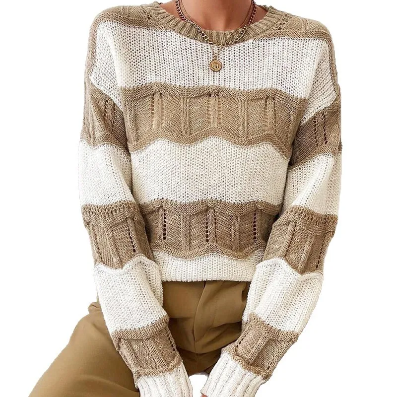 Women's Autumn Winter Loose Knit Sweater 3D Striped Cable Knit Long Sleeve Round Neck Versatile Pullover