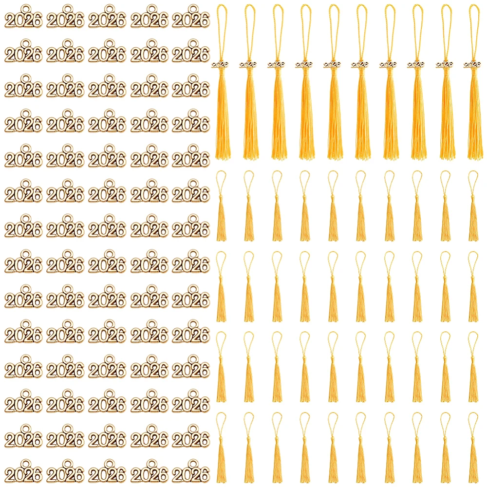 100Pcs 2026 Graduation Hat Charm Gold Graduation Tassel with 100Pcs Polyester Tassel Alloy Number Pendants Charms Ornaments Kits