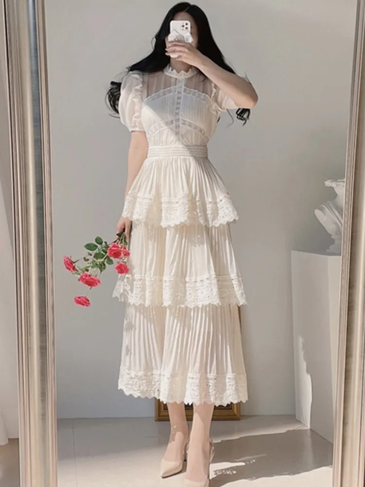 New Summer Dresses Korean Retro Short Sleeved Lace Patchwork Vestidos  Fashion Slim Big Swing O-Neck Long Party Dress S-XXL - AliExpress 200000345