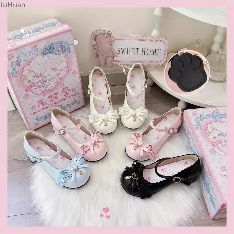 

Kawaii Japanese Lolita Shoes Women's Sweet Cute Bow Cat Scratch Lo Shoe Fashion High Heels with Round Head Women's Single Shoes