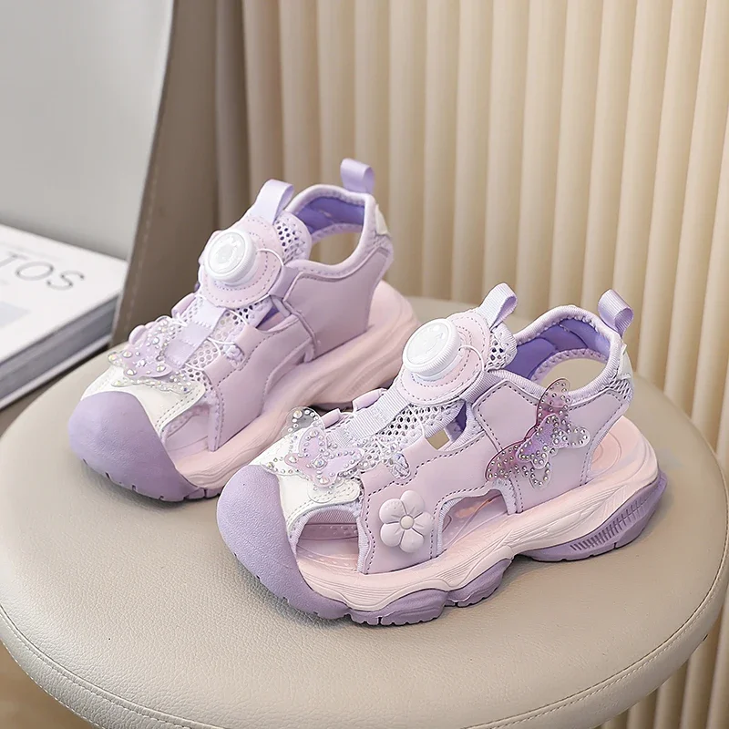 

Детские сандалии, лето 202, модная обувь принцессы с цветочным узором и бабочкой для девочек, легкие детские повседневные пляжные сандалии на мягкой подошве