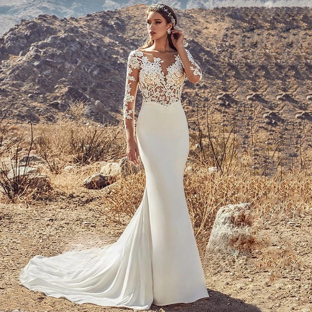 Mermaid Wedding Dress Robe De Mariee Customized Sheer Scoop Neck Long Sleeves Applique Sweep Train Open Back Bridal Gown