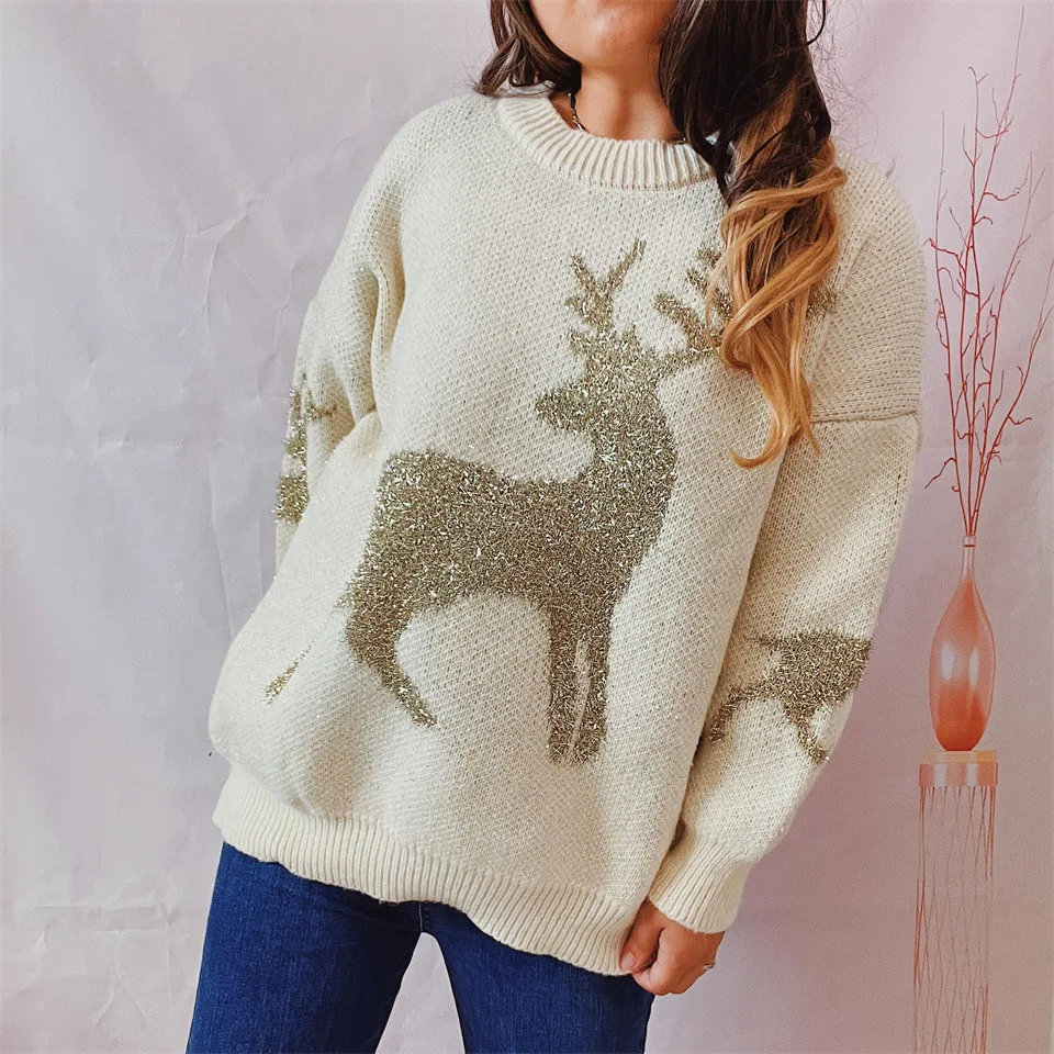 Pull de Noël à manches longues et col rond avec motif de cerf, pull jacquard, fil d'or, automne et hiver