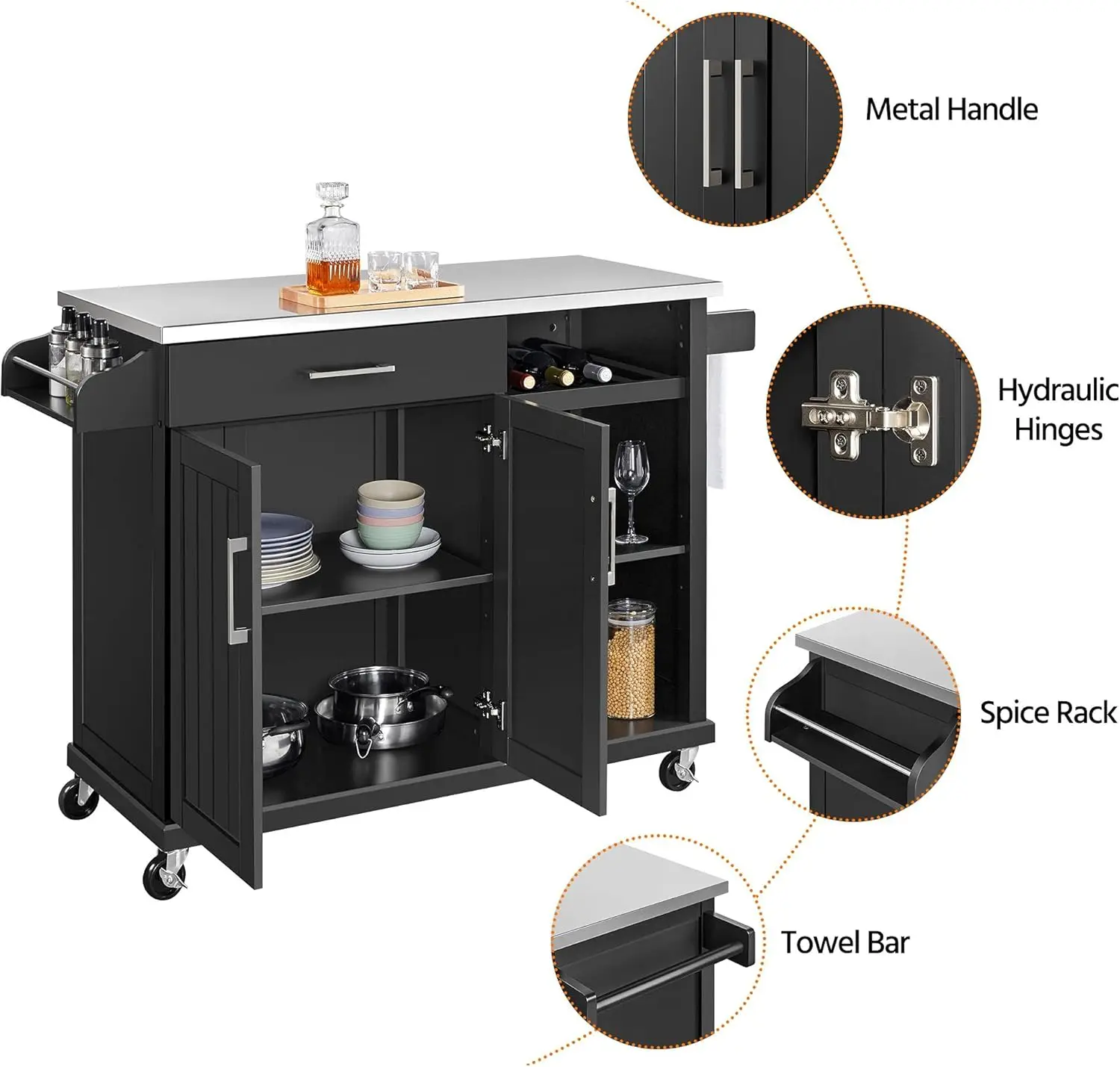 Кухонная тележка со столешницей из нержавеющей стали и шкафом для хранения, кухонный остров на колесах с выдвижным ящиком, открытыми полками и полкой для вина