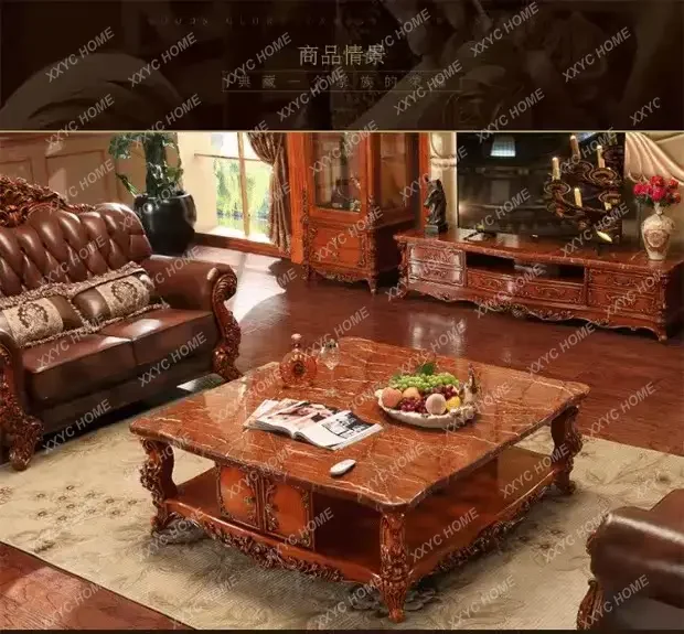 square marble coffee table solid wood carving flower living room  luxury coffee table
