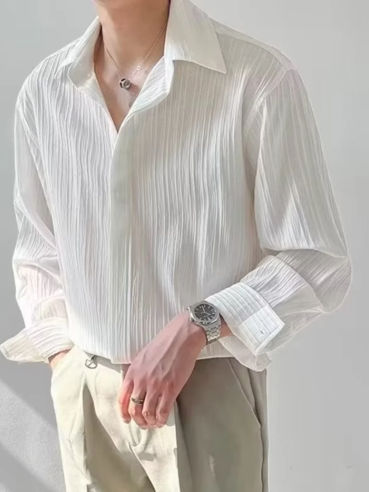 

Мужская повседневная длинная рубашка на весну-осень, белая, не требующая глажки, с эффектом плиссировки, свободного кроя, в корейском стиле, Haome