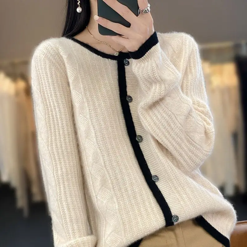 Women\'s Cardigan Button Screw Thread Autumn and Winter 2023 Round Neck Patchwork Printing Sweater Fashion Long Sleeve Knit Coat