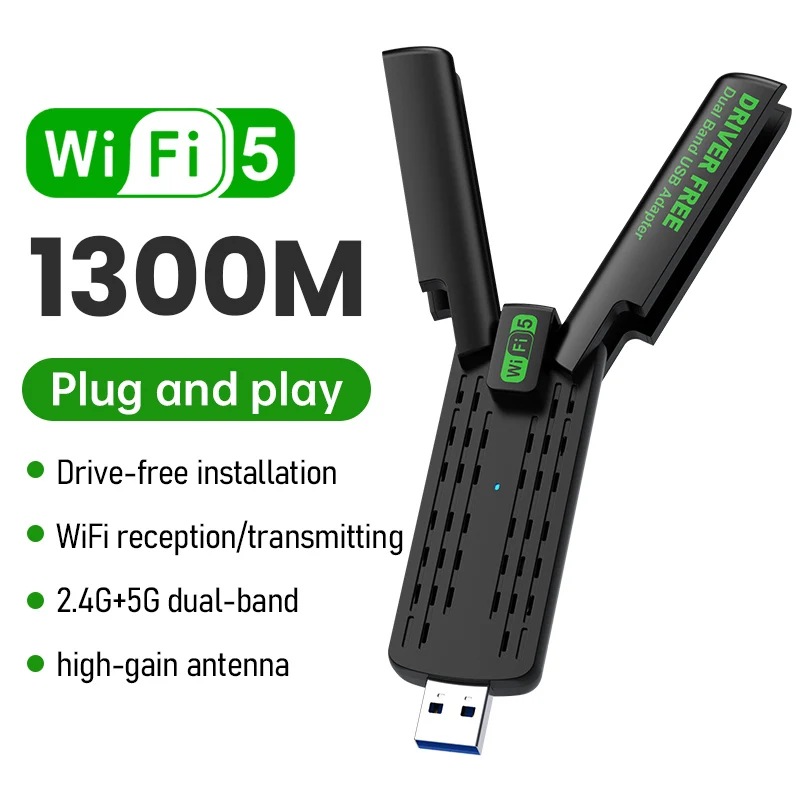 

USB-адаптер Wi-Fi 1300 Мбит/с, двухдиапазонный, 2,4 ГГц/5,8 ГГц, беспроводная сетевая карта-приемник для ПК