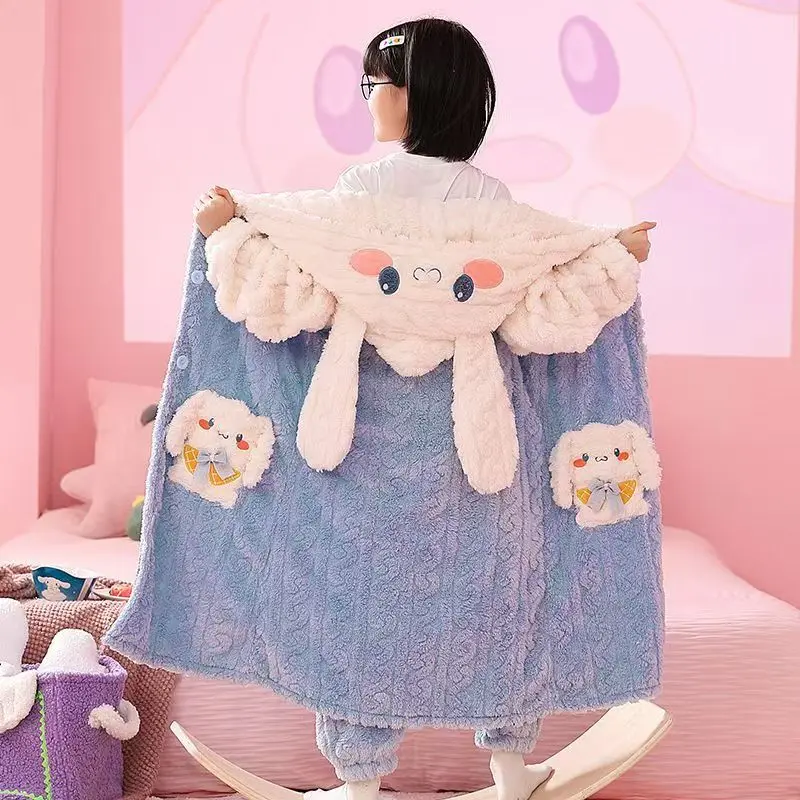 

Sanrio Cinnamoroll Kids Pajamas 2Pcs Child Kuromi Anime Robe Girls Kawaii Winter Cartoon Coral Fleece Hooded Nightgown Homewear