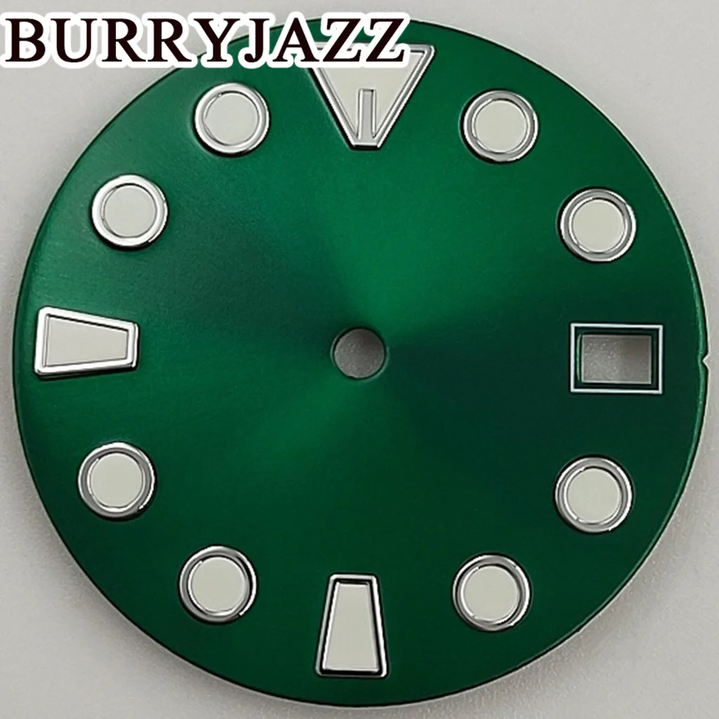 BURRYJAZZ 28,5mm sin logotipo NH35 esferas de reloj esfera verde luminosa ajuste las 3 en punto 3,8 en punto corona de la caja