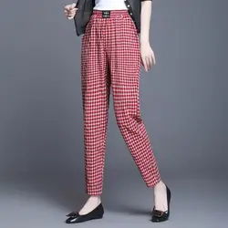 Pants for Women Korean Version Loose and Slimming Harun Casual 9% Elastic High Waist Small Feet Large Size Checkered Summer Thin