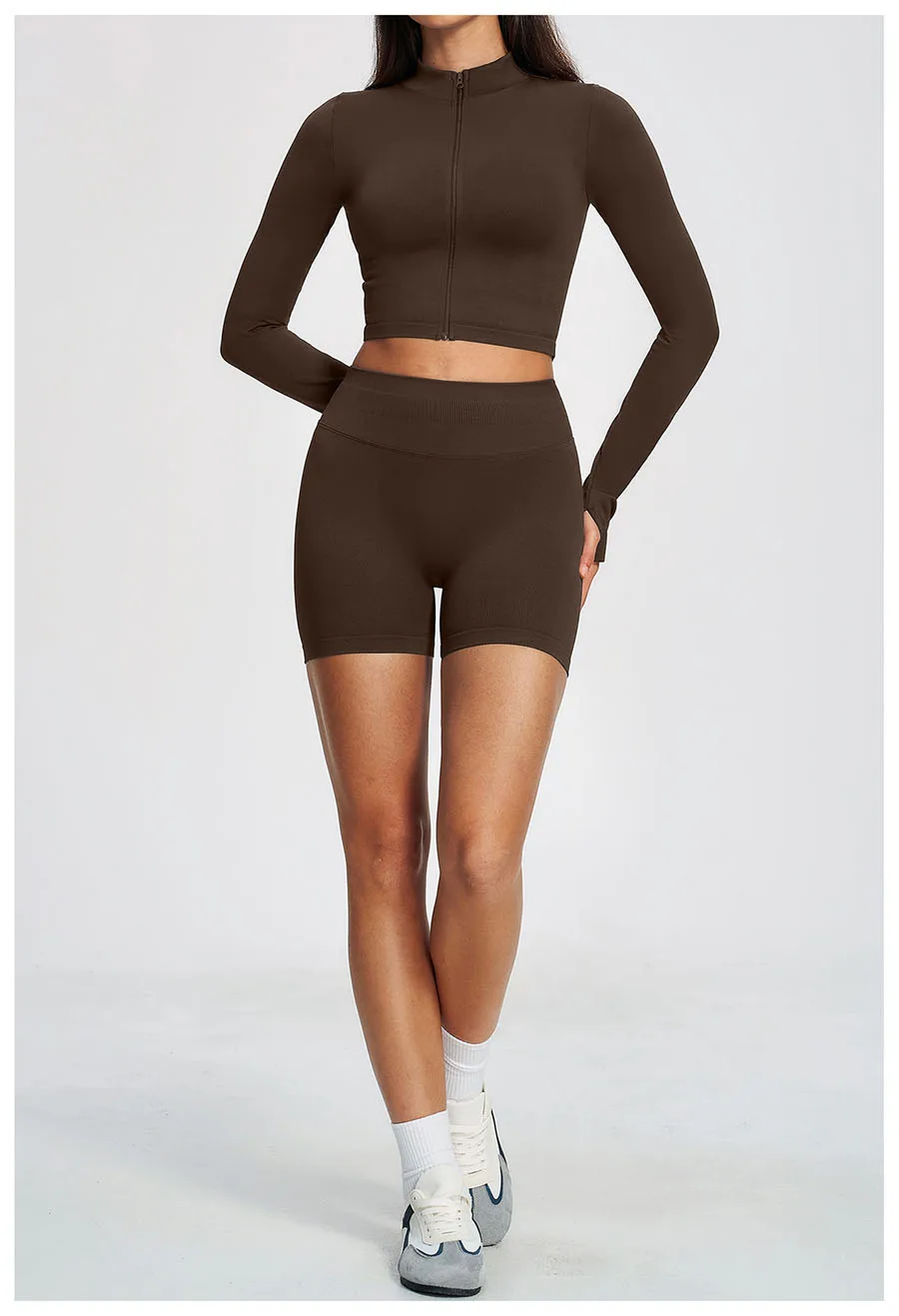 Neues 2-teiliges Yoga-Set, nahtloses Sportoutfit, Damen-Trainingsanzug, Lauf- und Workout-Kleidung, langärmelig, mit Reißverschluss, Sportbekleidung – Detail 22