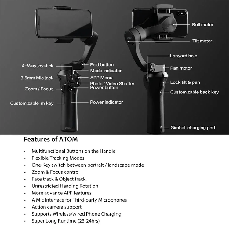 Snoppa Atom 3-Axis Foldable Pocket Sized Handheld Gimbal Stabilizer For GoPro Hero 4 5 6 IPhone Smartphone