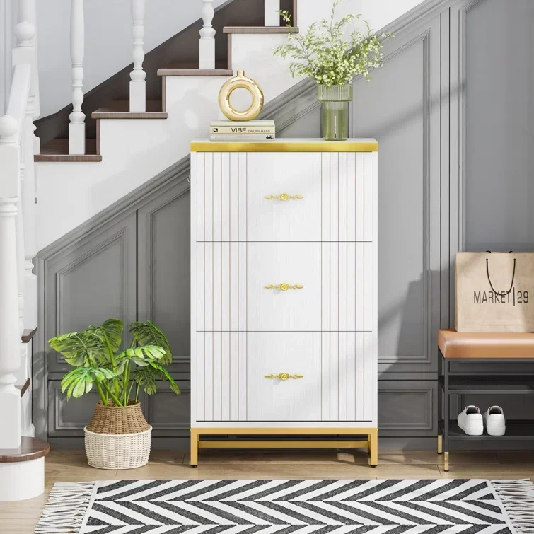 Traditional Entryway Cabinet with 3 Flip-Drawers Rectangle Shoe Rack Shoe Storage Cupboard Organizer Hallway Racks Organizer