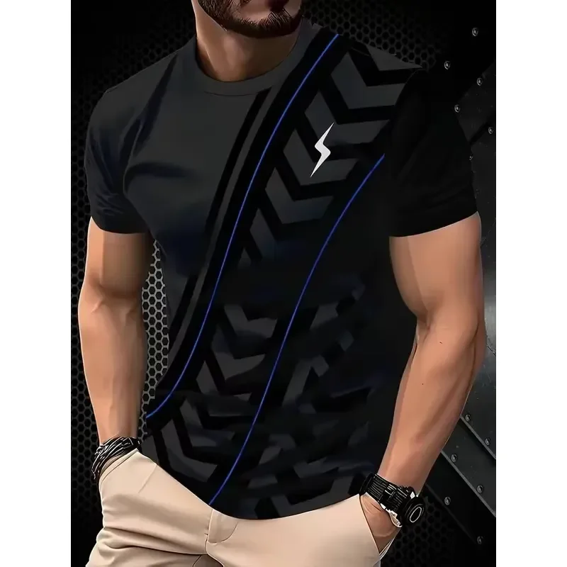 3D Digital Print 2026 Men Black T Shirt Blue Lightning Bolt Short Sleeve Serrated Graphic Tee Streetwear Trendy Casual Summer