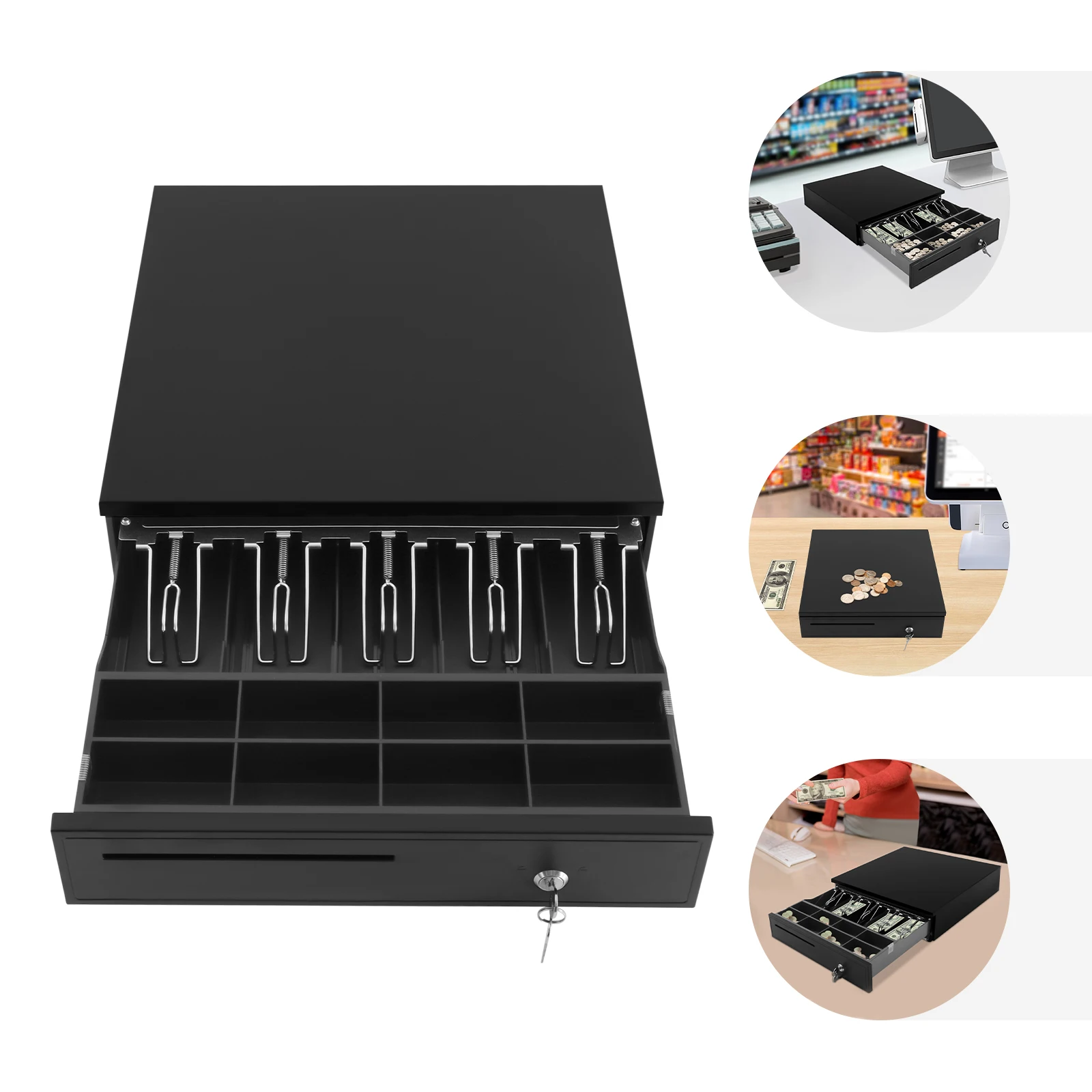 Black Eight Grid Cash Box 405 Cash Register Drawer Cash Register Drawer With 3-Position Lock For Hotels Supermarkets Hospital