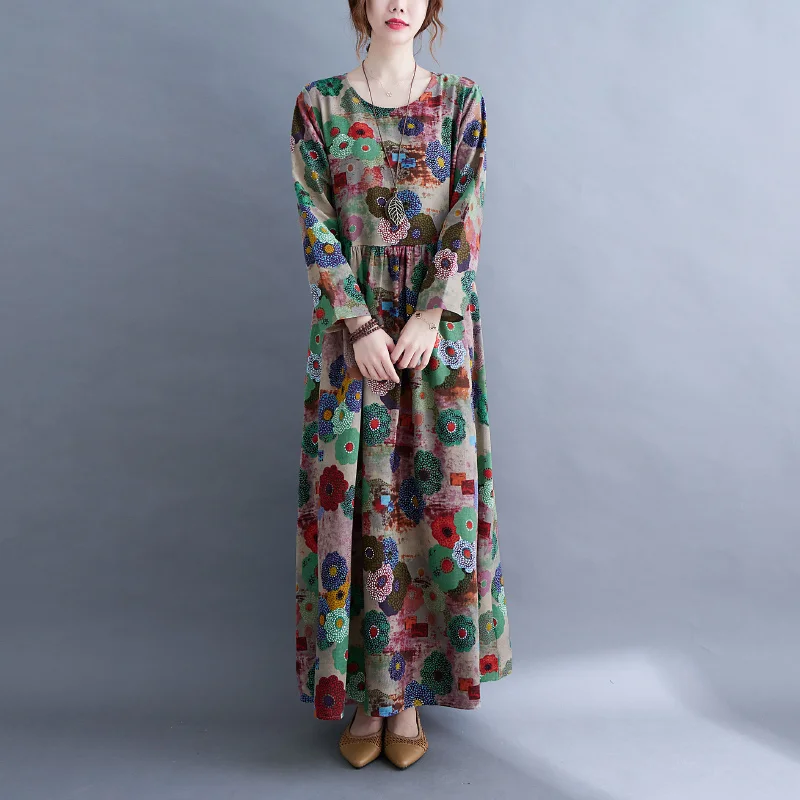 #3302 Full Floral Printed A-line Dress Women Long Sleeve O-neck Loose Vintage High Waisted Long Dresses Female Ankle-length