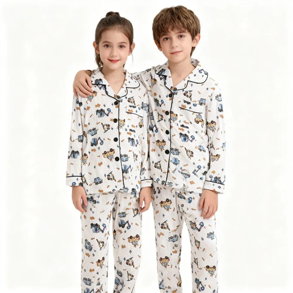 

Boys Button Down Loungewear Digger Print Soft Kids Pajamas Sets Cartoon Excavator Boys Pyjamas Homewear Teenager Nightwear