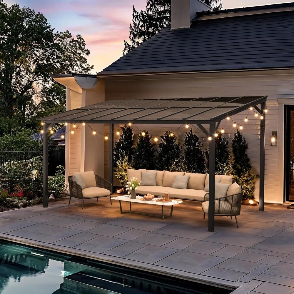 

14'X10'Hardtop Gazebo, Lean to Pergola Gazebos with Metal Frame, Patio Pavilion with Roof,Outdoor Wall Mount Gazebo for Backyard