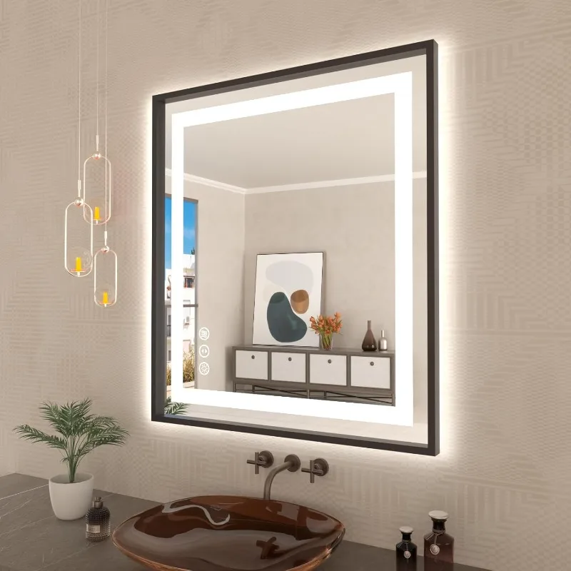 LED Bathroom Mirror with Black Frame, Front Light and Backlit, Stepless Dimmable, Anti-Fog, Shatter-Proof, Memory, 3 Colors