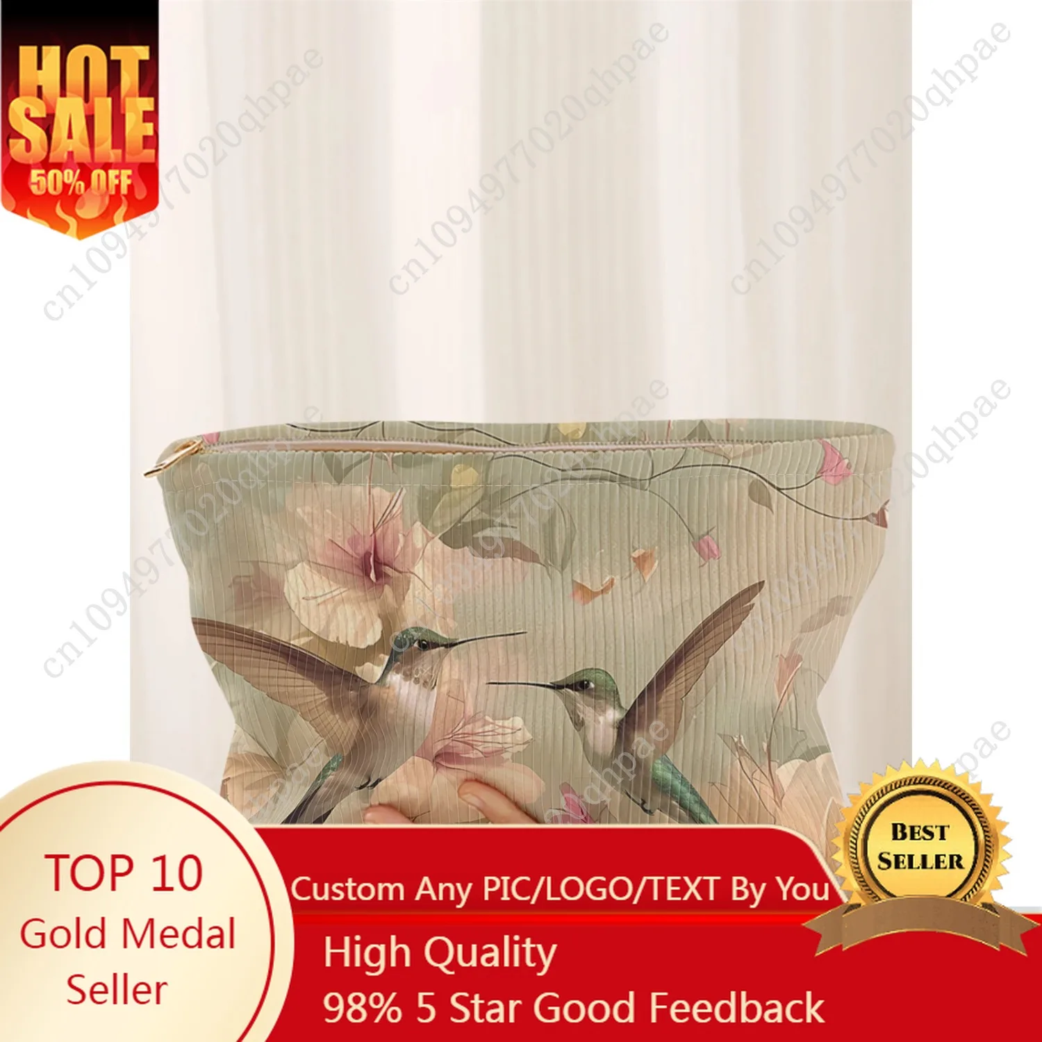 

1 corduroy makeup bag with flower and bird pattern, light zipper makeup storage box, multifunctional bag with lining