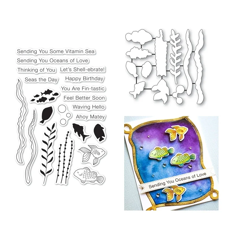 New DIY Arrival Metal Cutting Dies Scrapbooking Fish Aquatic Plants Album Frame Card Craft With Clear Stamps