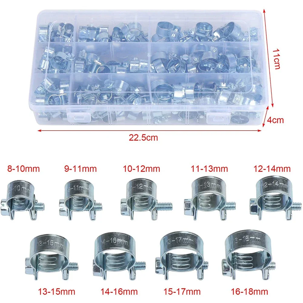Schlauchklemmen, 135-teiliges Set Doppelohr-Klemmen 8-18mm Schneckenantrieb Kraftstoff- und Wasserschlauchklemmen Sortiertes Kit – Detail 5