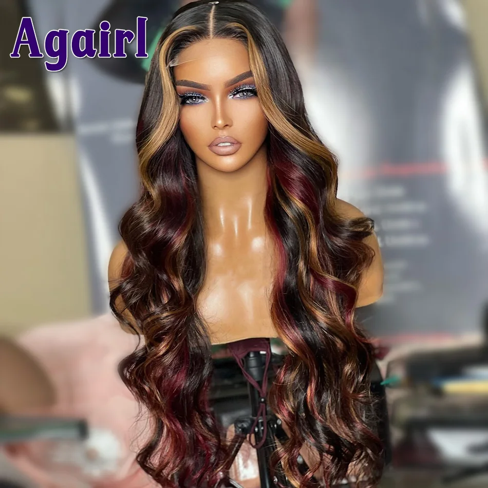 13X4 13X6 Highlight Red Blonde Body Wave Lace Frontal Wig Burgundy Mix Blonde Colored Lace Front Human Hair Wig for Women 30Inch