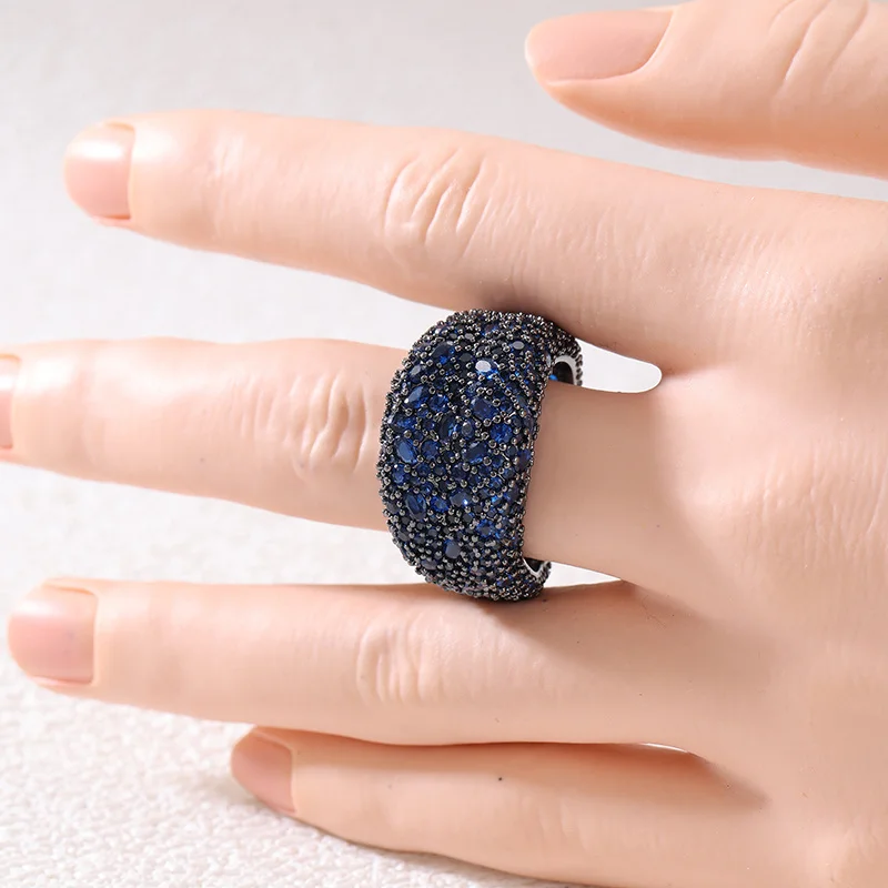Women's Luxurious Wide Face Ring Gorgeous Full Inlaid Blue Synthetic Zircon Ring  Banquet Dinner Temperament Jewelry Accessory