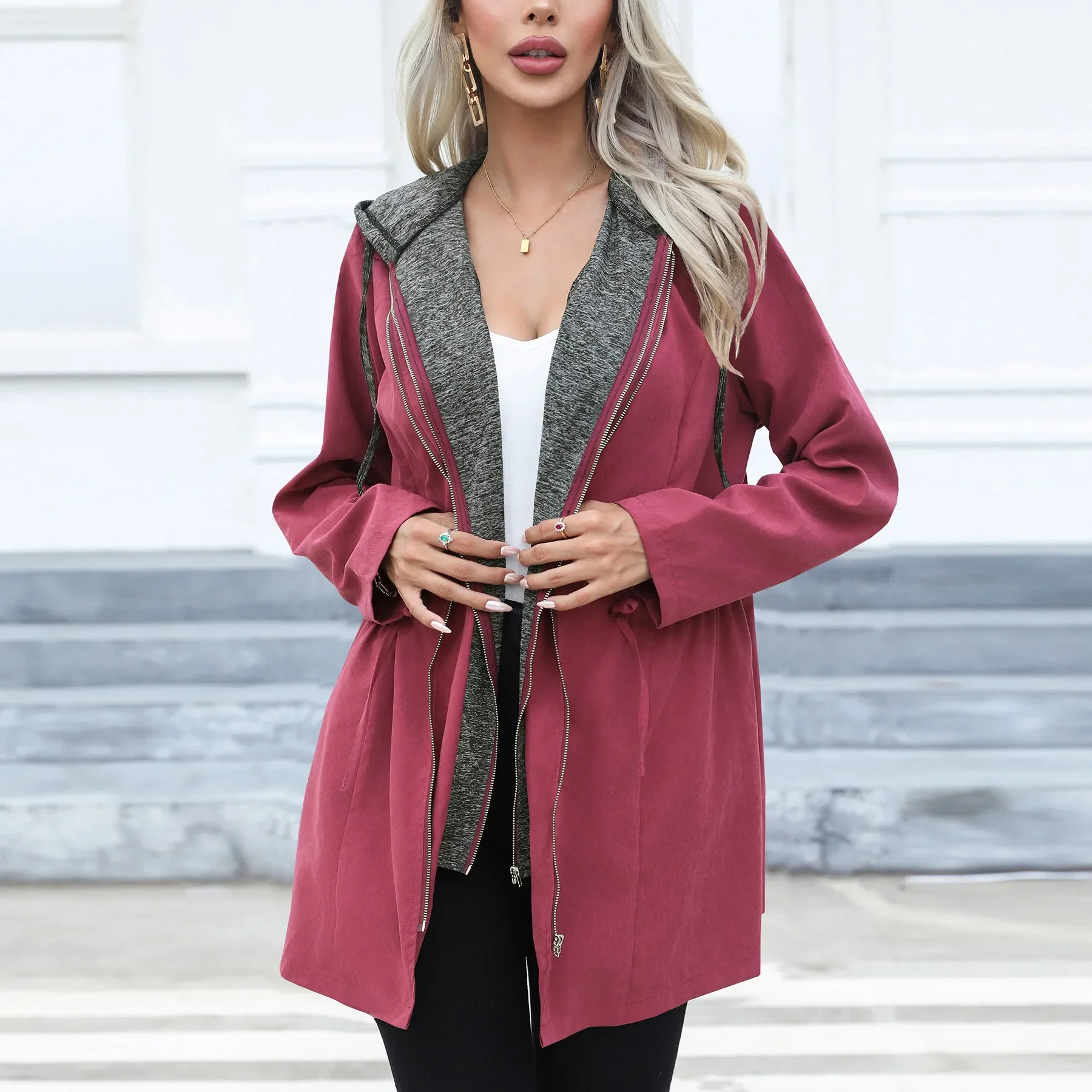 Frauen Frühling und Herbst Neue Mode Freizeit Taille Doppel-reißverschluss Zauber Farbe Mantel Lange Langarm Windjacke mit Hut Y2k