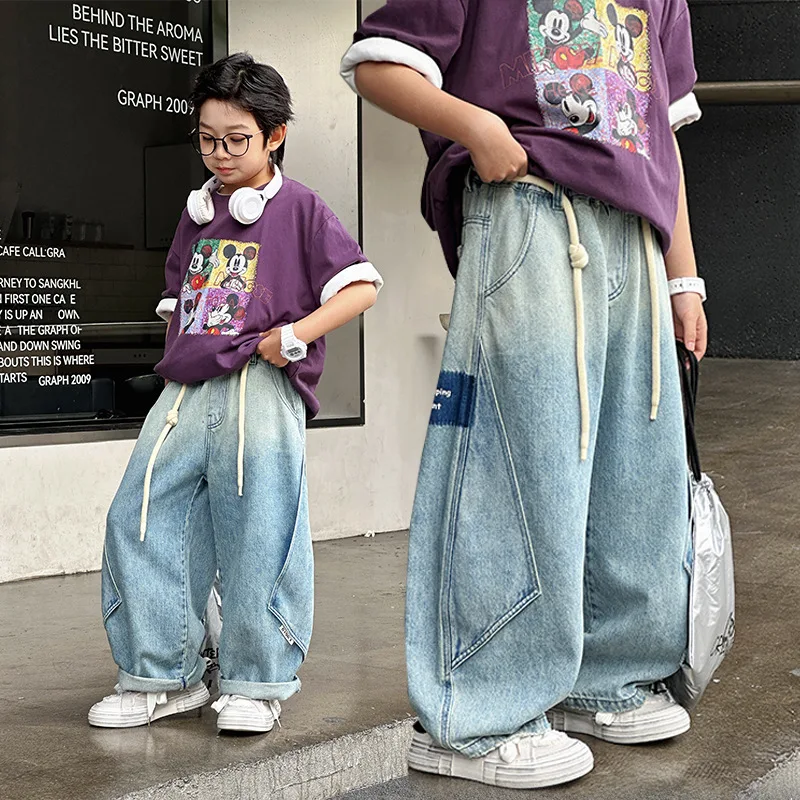 جينز للأولاد 2026 ربيع خريف جديد للأطفال في سن المراهقة ملابس خروج أمريكية عصرية ماركة مستقيمة الساق فضفاضة واسعة الساق من قماش الدنيم #5