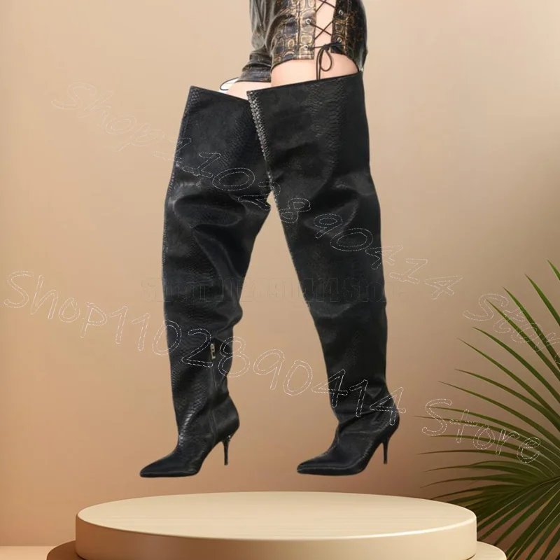 

Black Crocodile Print Thigh High Pointed Toe Boots Side Zipper Women Shoes Thin High Heels Party Feast 2025 Zapatos Para Mujere