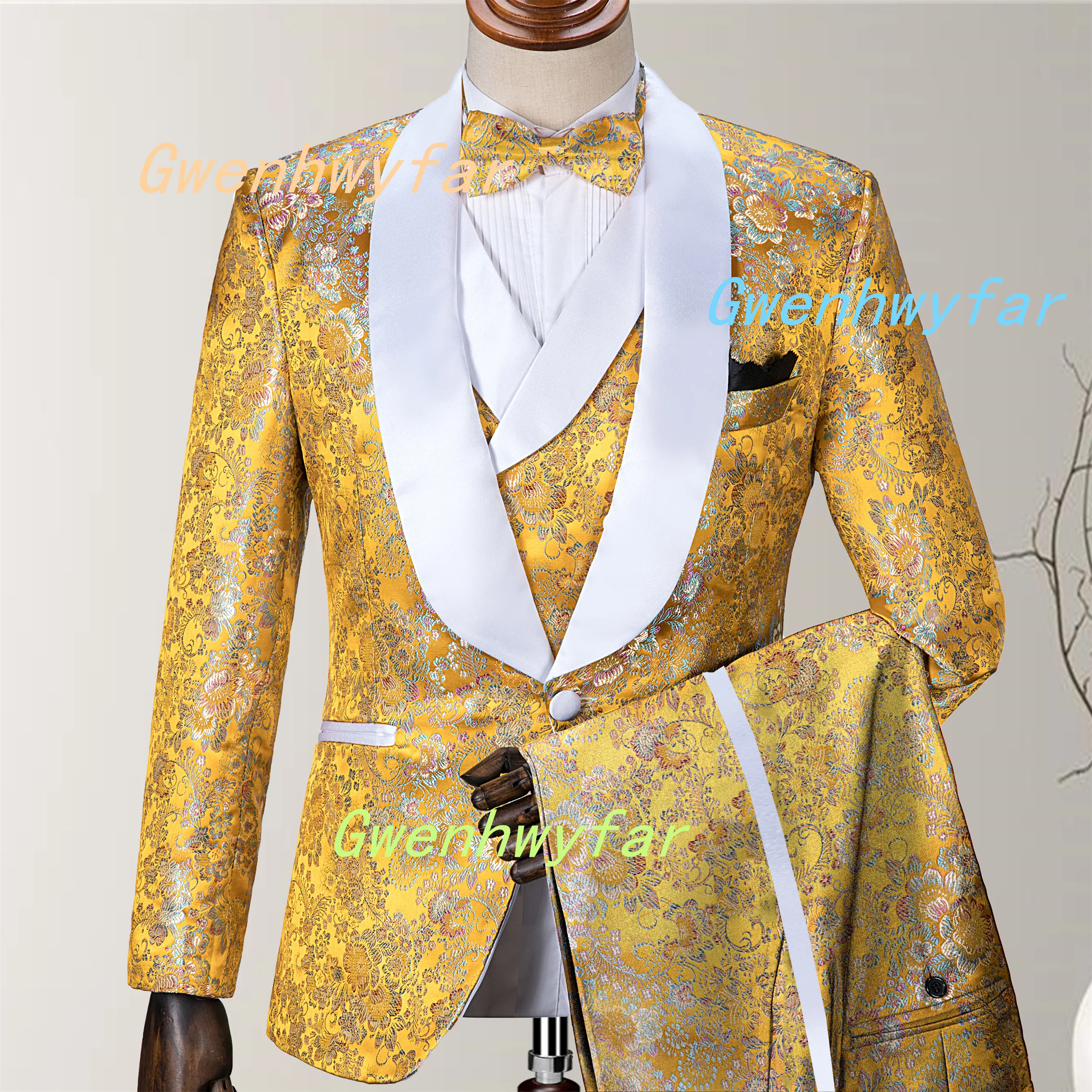 Gwenhwyfar Luxury Gold Colorful Embroidered Flower Tuxedo for Men's 2025 New Elegant Ball Party Suit Including Coat Pants Vest
