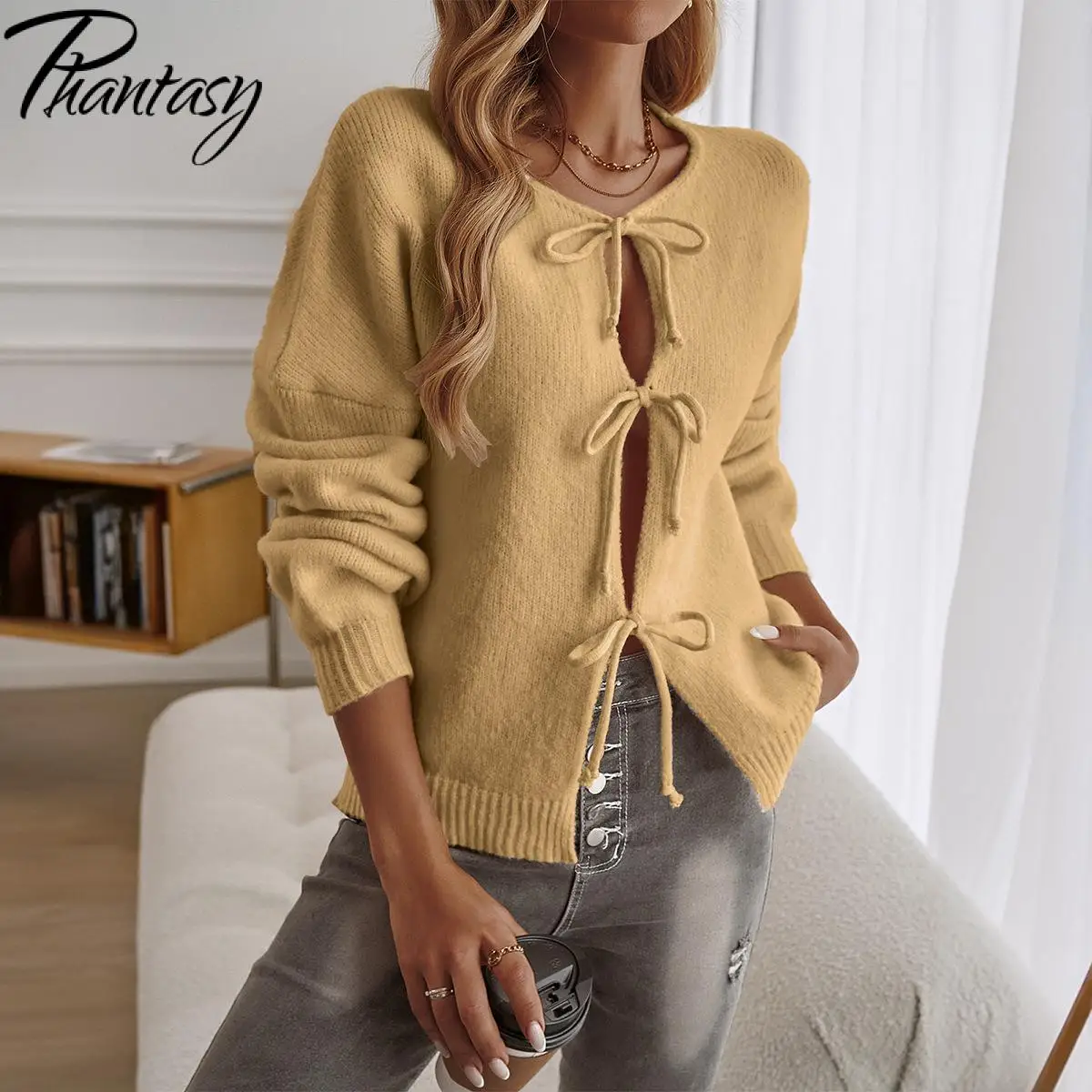 Phantasy Women Cardigan Sweater Long Sleeved Lace Up Sweater Autumn Winter Streetwear Fashion Solid Tops O Neck Knitted Sweater