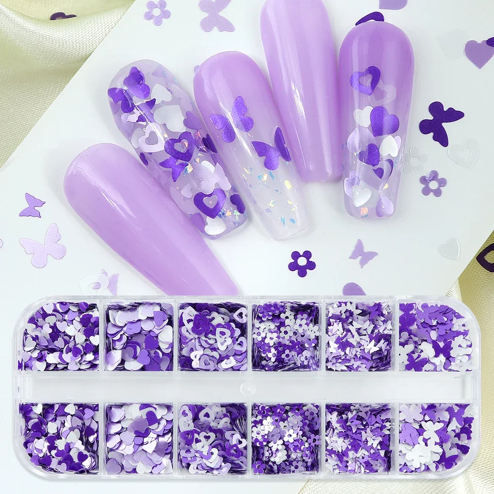 1Box Mixed Style Purple Collection Sequins Nail Art Supplies Decoration Summer DIY Manicure Designs Nail Accessories Parts Decor