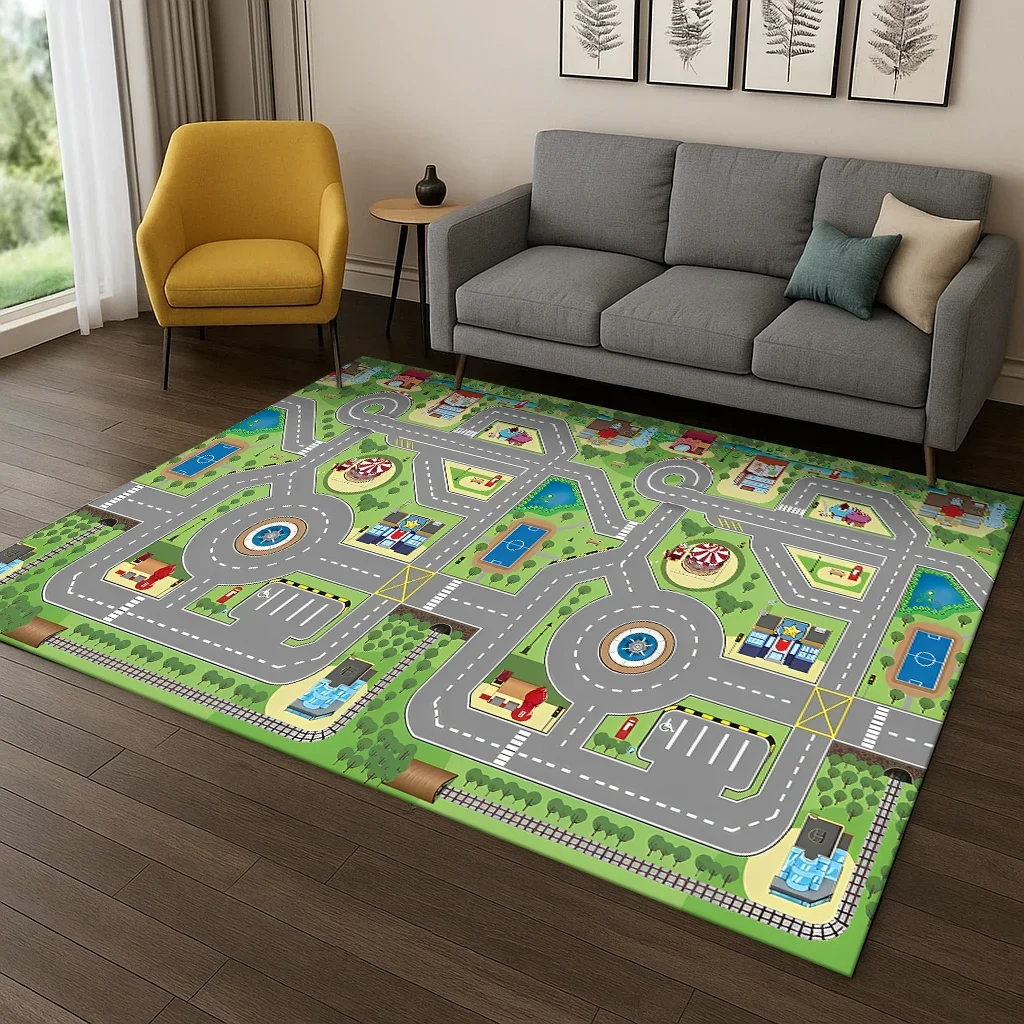 Highway Simulated City Traffic Carpet Rug for Bedroom Living Room Sofa Doormat Decor,Child Playma Game Room Non-slip Floor Mat