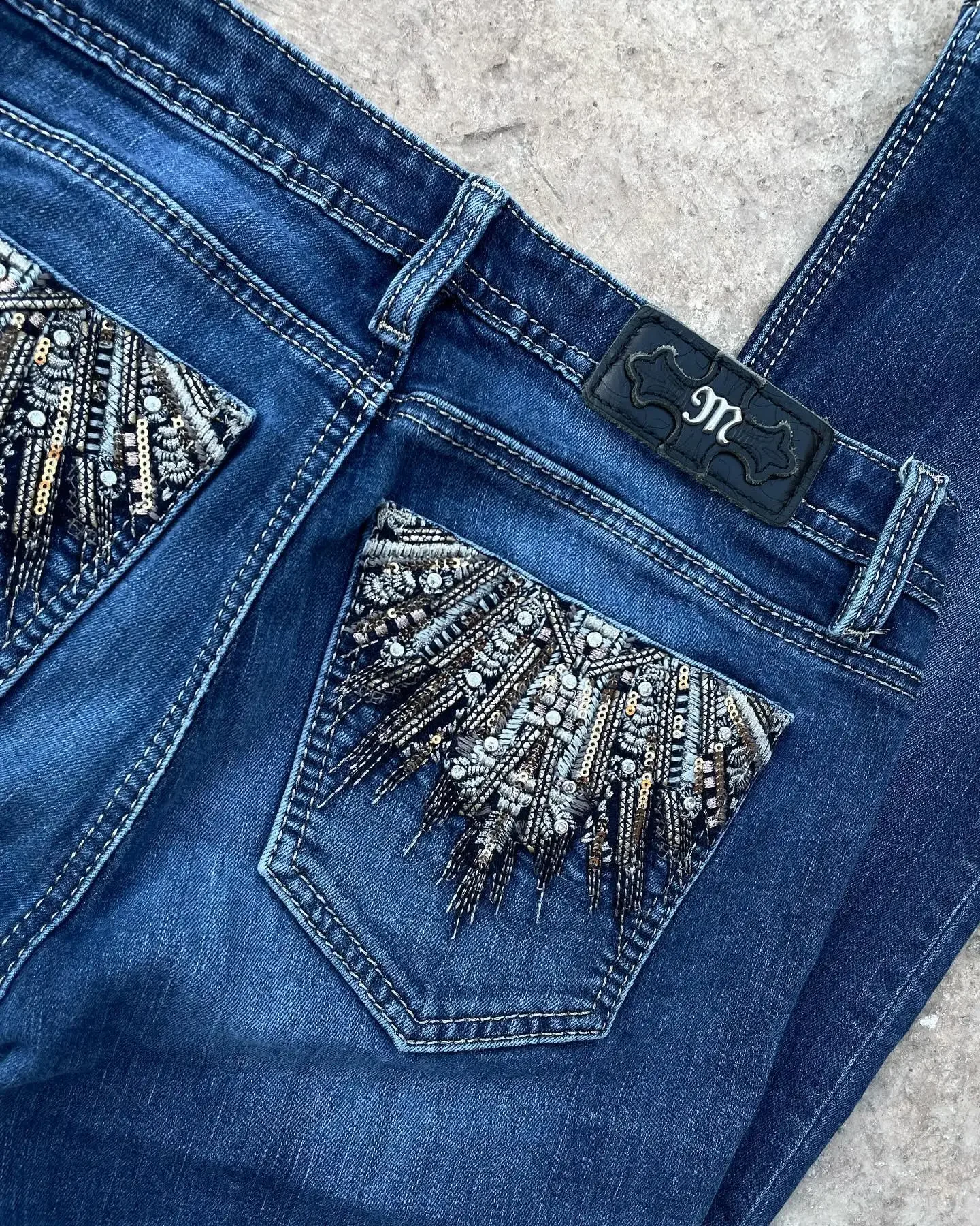 New Blue Embroidered Sequin Pocket Retro Jeans Miss Me Boot Cut Jeans Female Hip Hop Harajuku Gothic Wide Pants Y2k Streetwear