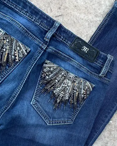 Nuovi jeans retrò con tasca con paillettes ricamate blu Miss Me Jeans con taglio a stivale Donna Hip Hop Harajuku Pantaloni larghi gotici Y2k Streetwear