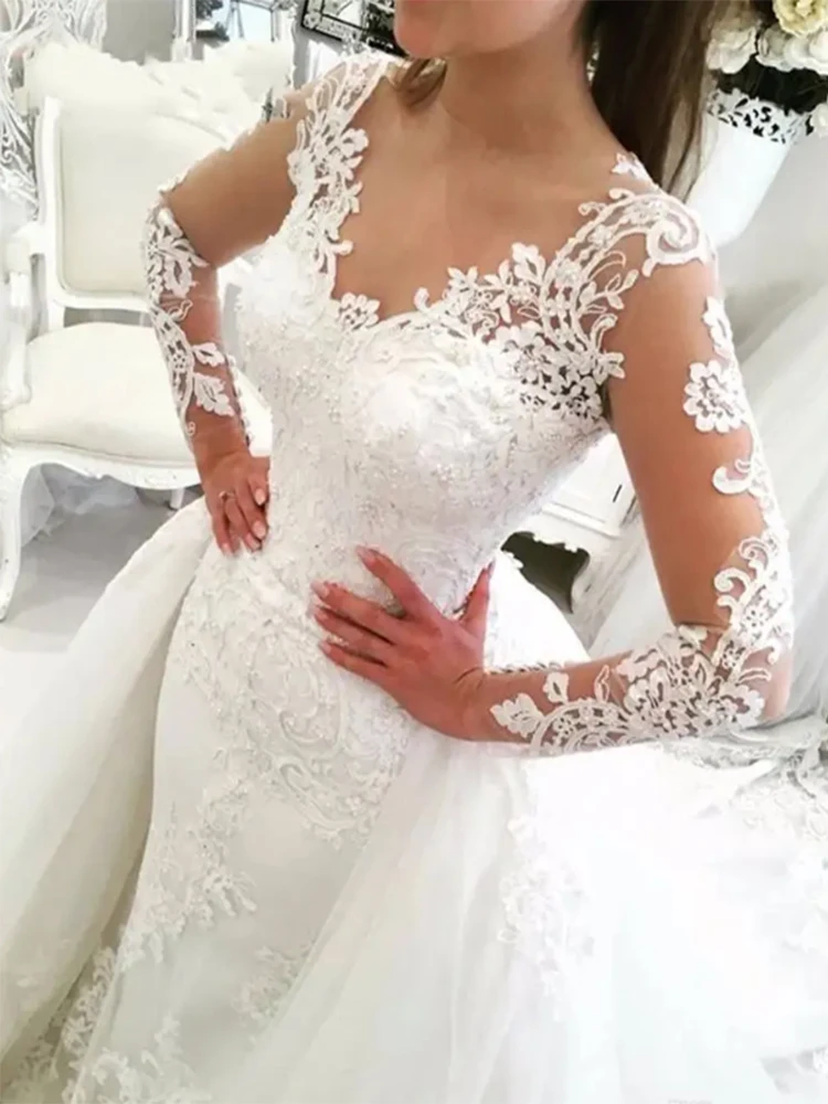 Luxury White 2 in 1 Detachable Mermaid Wedding Dresses 2023 Lace Appliques Saudi Arabia Long Sleeves Bride Gown Vestido De Noiva