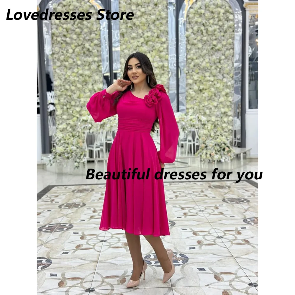 

Fuchsia Evening Dress for Women V-Neck Flowers Long Sleeves Tea Length A Line Party Gown Midi Prom Dresses Customized