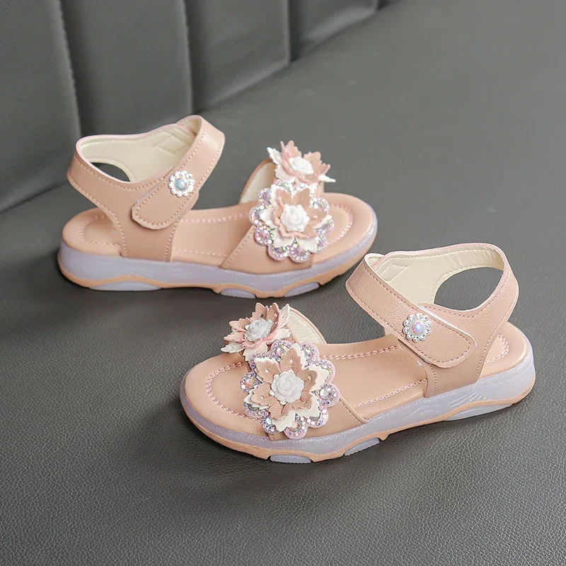 Summer New Casual Girl Open-toe Rhinestone Sandals Street School Student Pink Kids Children\'s Soft-soled Size 21-30