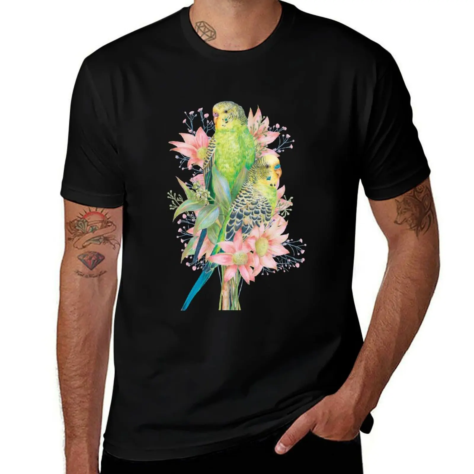 Australian Budgerigars/Budgies || Floral Birds T-Shirt Streetwear Print Tee Shirt T-Shirt