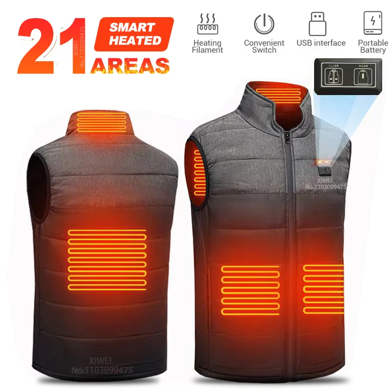 

21 Areas Heated Vest Electric Heated Jackets Men Women Sportswear Heated Coat Down Jacket USB Heating Clothing For Camping