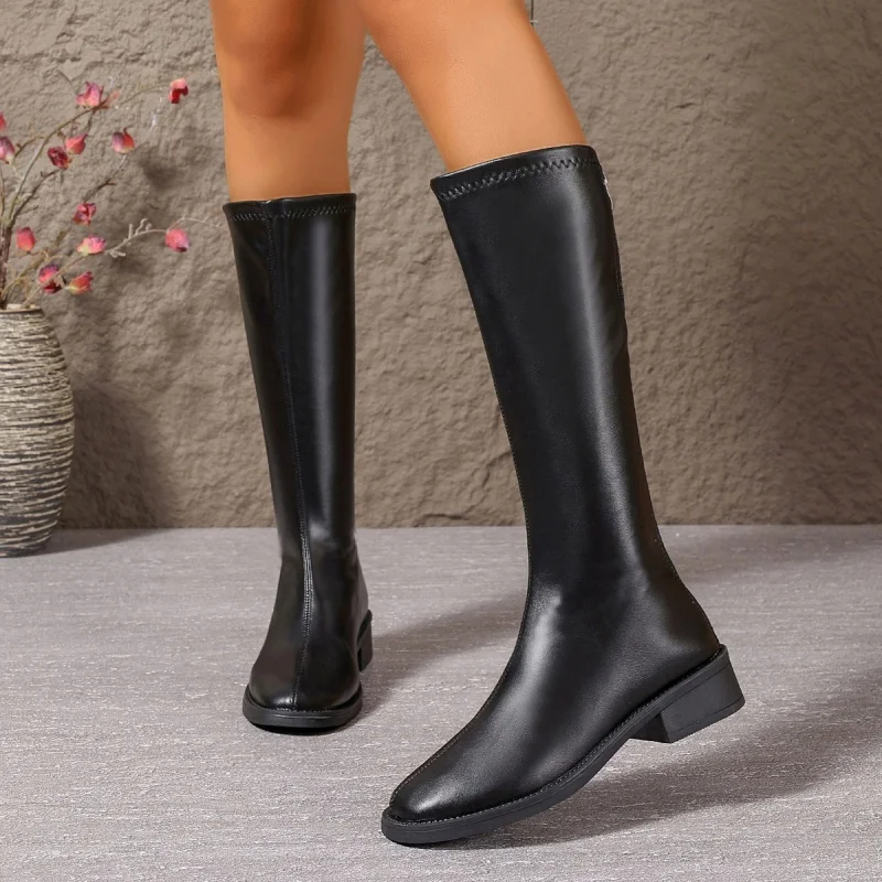 Winter Damen Kunstleder Stiefel mit Quadratischer Spitze Kniehohe Schuhe mit Rückreißverschluss Rutschfeste Dicke Sohle Casual Alltagsschuhe