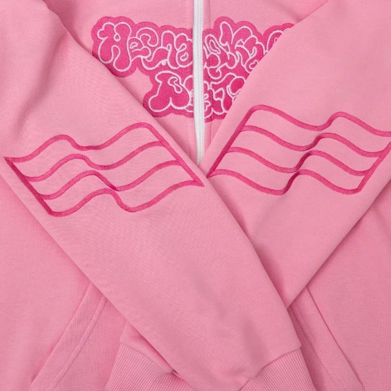 Kussia88 Y2K Sudadera con capucha con cremallera para hombres y mujeres, sudadera con bordado artístico a la moda, ropa de calle de gran tamaño rosa Harajuku, ropa Unisex