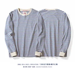 Classic Retro Blue and White Sea Soul T-shirt Heavyweight 100% Cotton Breton Striped Round Neck Casual Long-sleeve Tees for Men